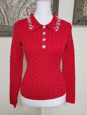 LC Lizette Collection Pearl & Rhinstone Embellished Cable Knit Red Sweater Small